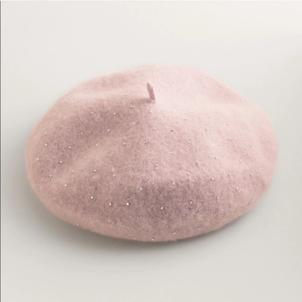 Chico's wool blend muted pink rhinestone beret womens OS